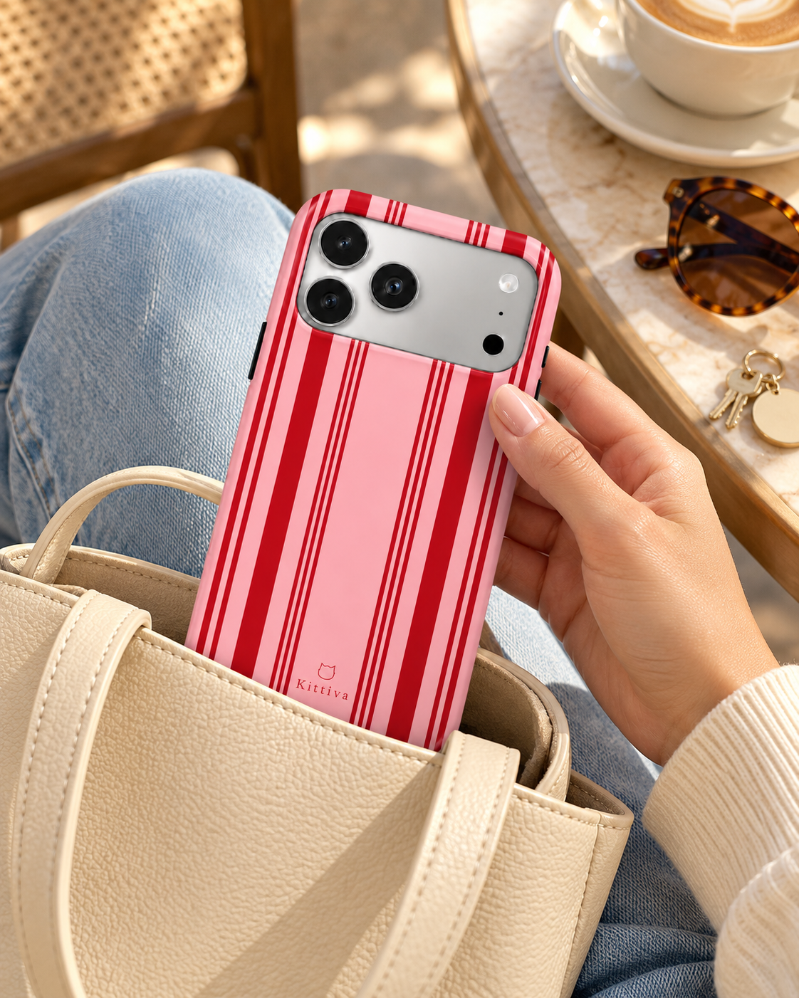 Funda Fresa Pop junto a un bolso crema y accesorios