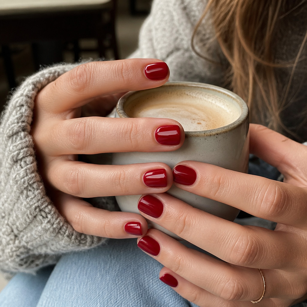 Uñas rojo cereza sujetando una taza