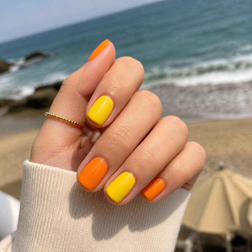 Uñas amarillas y naranjas junto al mar
