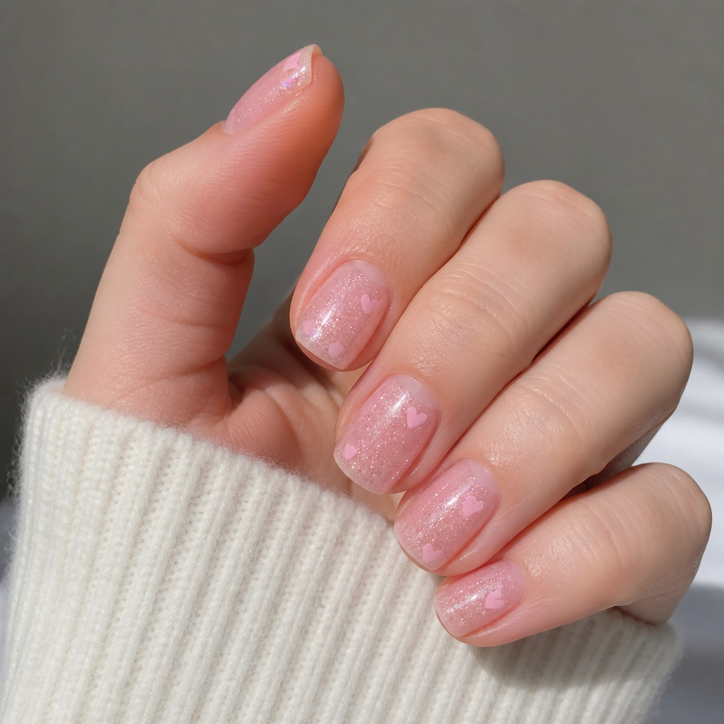 Uñas rosas con brillo y pequeños corazones